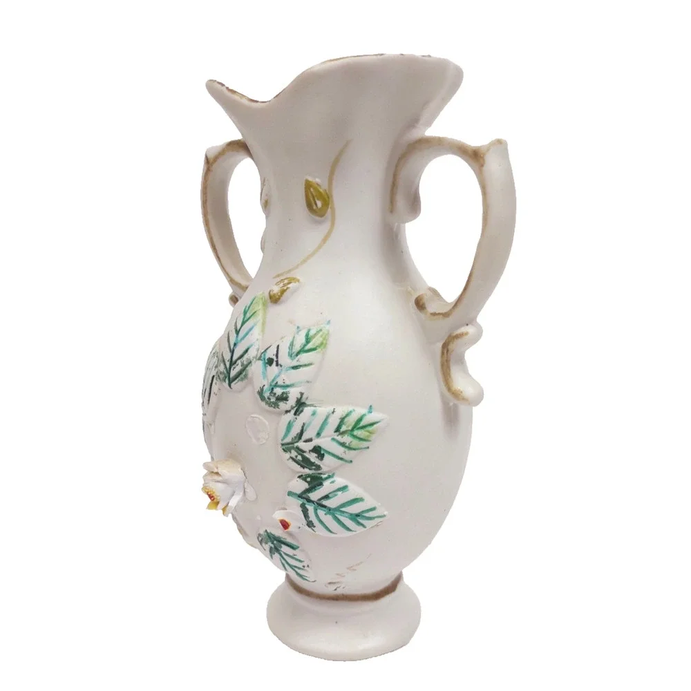 Vintage Bisque Porcelain Handled Raised Flower Vase 7